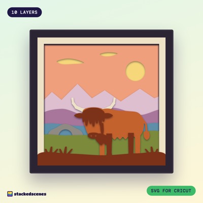 Highland Cow in the Glen shadow box SVG: hero